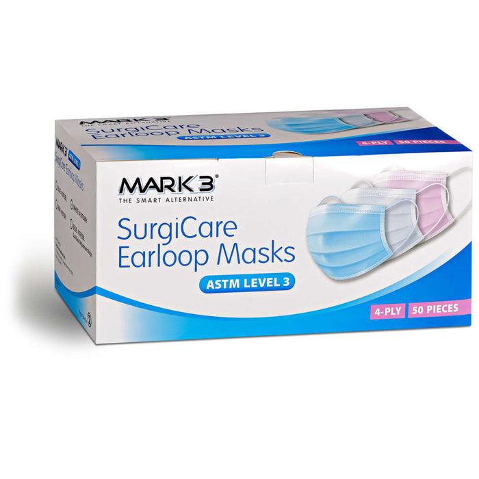 MARK3 SurgiCare Earloop Face Masks Blue w/ Dual Band Strips Level 3 4ply 50/bx.