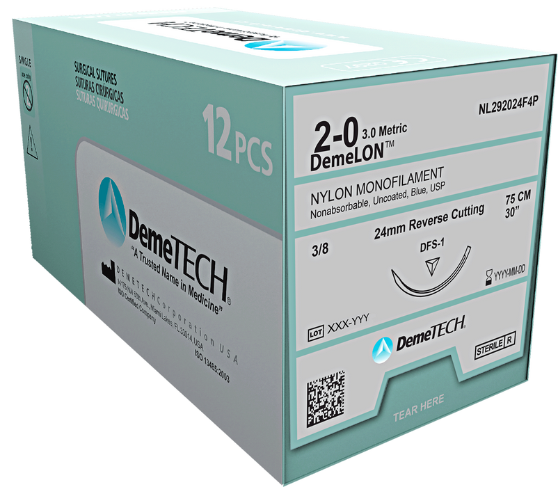 Demetech Nylon Monofilament 4-0 3/8 18" 19mm  Precision Point Reverse Cutting Black 12/pk. Sutures