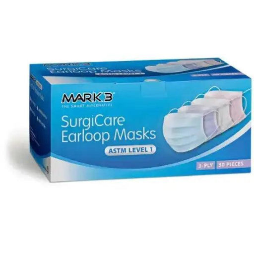 SurgiCare Earloop Face Masks by MARK3, ASTM Level 1, 50 masks in a box, showing white masks with ear loops on a clean surface.