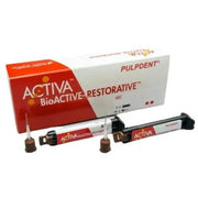 Pulpdent ACTIVA BioACTIVE Restorative dental filling material in a syringe with applicator tip.