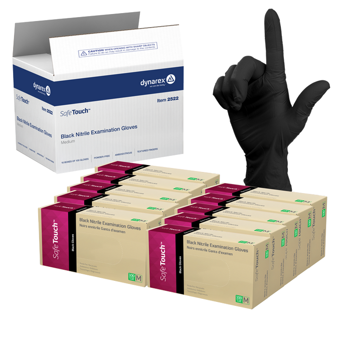 Dynarex Safe-Touch Black Nitrile Exam Gloves, Powder-Free