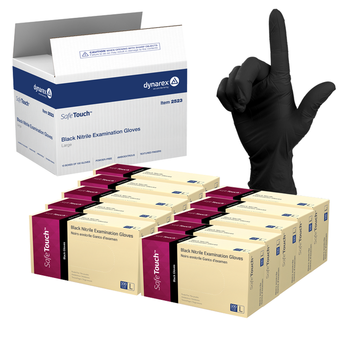 Dynarex Safe-Touch Black Nitrile Exam Gloves, Powder-Free