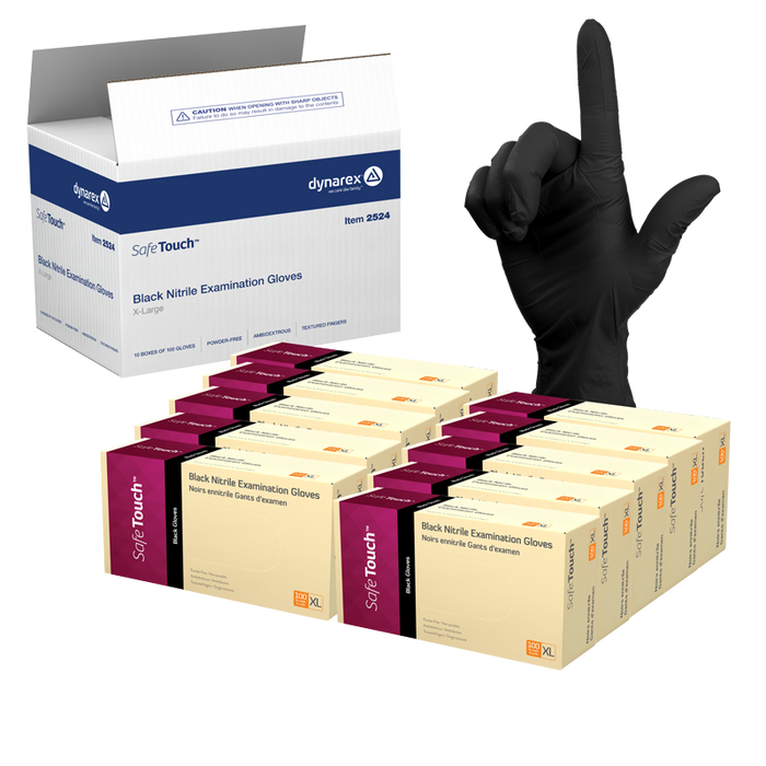 Dynarex Safe-Touch Black Nitrile Exam Gloves, Powder-Free