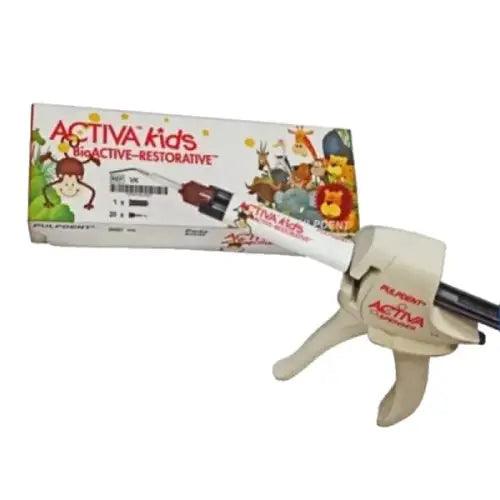 Pulpdent ACTIVA KIDS BioActive Restorative dental material in a syringe for pediatric dental restorations.