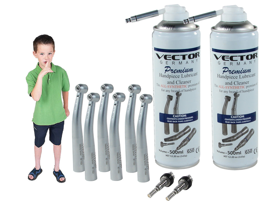 Vector 6 pack – optic package without couplers Includes: 6 Vx or F series optic high-speed handpieces (KaVo, NSK, Star, or ADEC Style), and 2 cans VL-S lubri — PKG-03