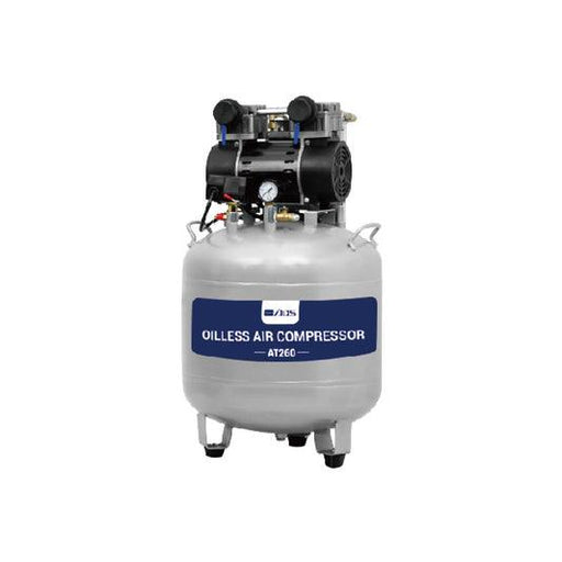 ADS Dental AT260 oil-free dental air compressor showing a compact, white medical-grade device with control panel and air hose connection.