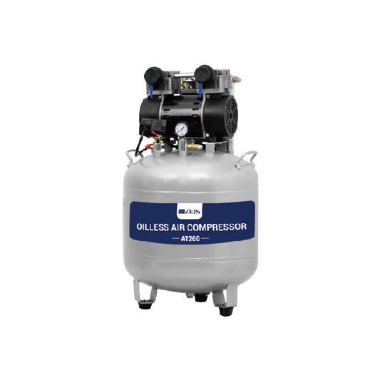 ADS Dental AT260 oil-free dental air compressor showing a compact, white medical-grade device with control panel and air hose connection.