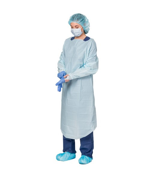 Aspen Surgical 8572B Blue Film Gowns, Open Back, Elastic Wrists, 100/Case