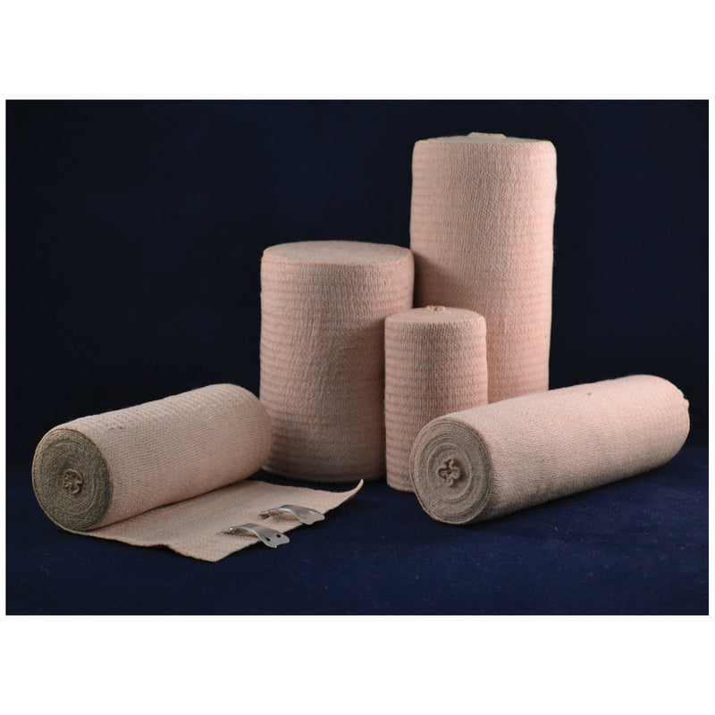 AMBRA LE ROY VALUELASTIC ELASTIC BANDAGE - Economy Elastic Bandage, 4 x 5 yds (Stretched) with Standard Clips, Tan, Latex Free (LF), 10/bx, 5 bx/cs (66 cs/plt) (US Only)