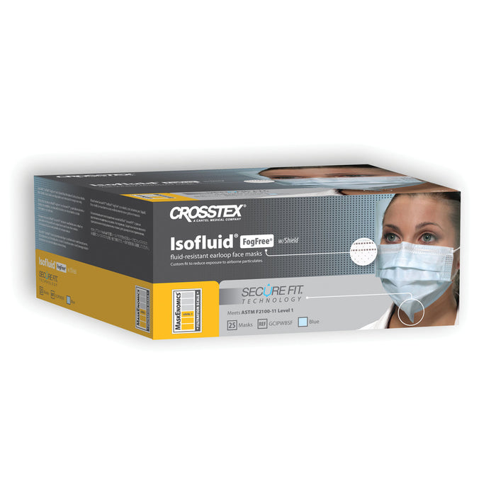 Crosstex International ASTM Level 1 Earloop Mask with Splash Shield, FogFree, Blue, 25/bx, 4 bx/ctn