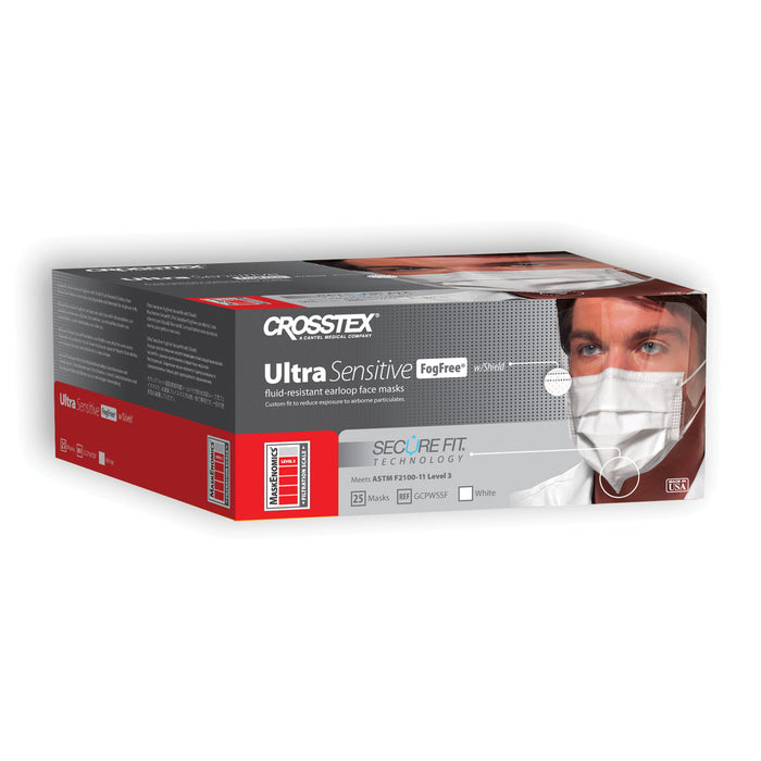Crosstex International ASTM Level 3 Earloop Mask, Splash Shield, Fog Free, White, 25/bx, 4 bx/ctn