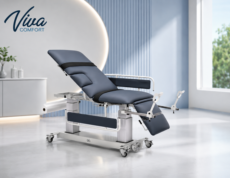 Viva Comfort Electric Height Adjust Imaging Exam Table with Drop Window and Stirrups, 550 lbs Capacity, Blue (ADI903-04-KIT-MK)