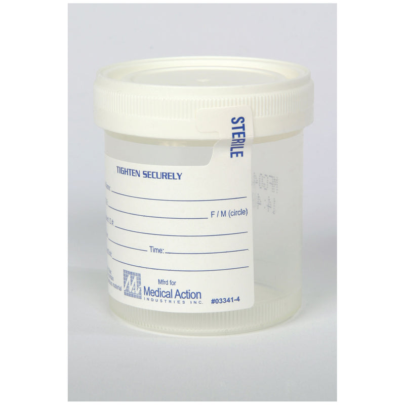 Medegen Medical Products, LLC Gent-L-Kare Wide Mouth Specimen Container, 3 oz, Lid, White, Sterility Seal & Label, Graduated In 20, 40, 60, 80 & 90 mL Increments, 100/bg, 4 bg/cs