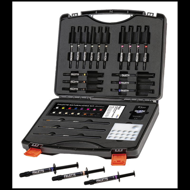 PacDent Endo Rodin Palette N2-Free Naturalization Kit: 16 x 1 mL each shade, 1 x 5mL Rodin Glaze N2-Free, 3 x characterization brushes (#000, #001,#003) and 1 x mixing well