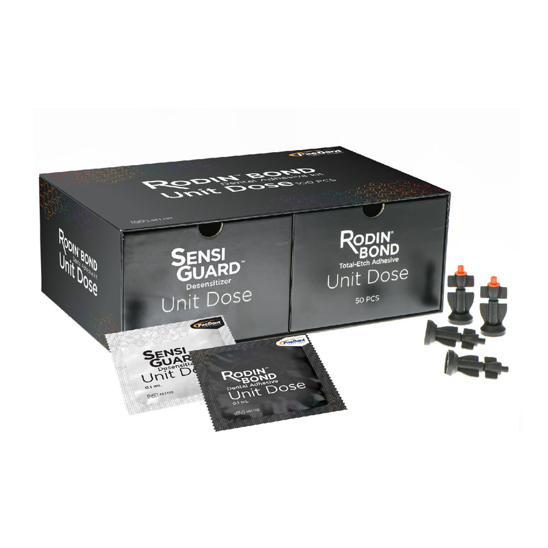 PacDent Endo Rodin Bond Dental Adhesive Unit Dose Kit. Contains: 50 x Rodin Bond 0.1 mL Unit Dose, 50 x SensiGuard 0.1 mL Unit Dose, 1 x Technique Guide & IFU