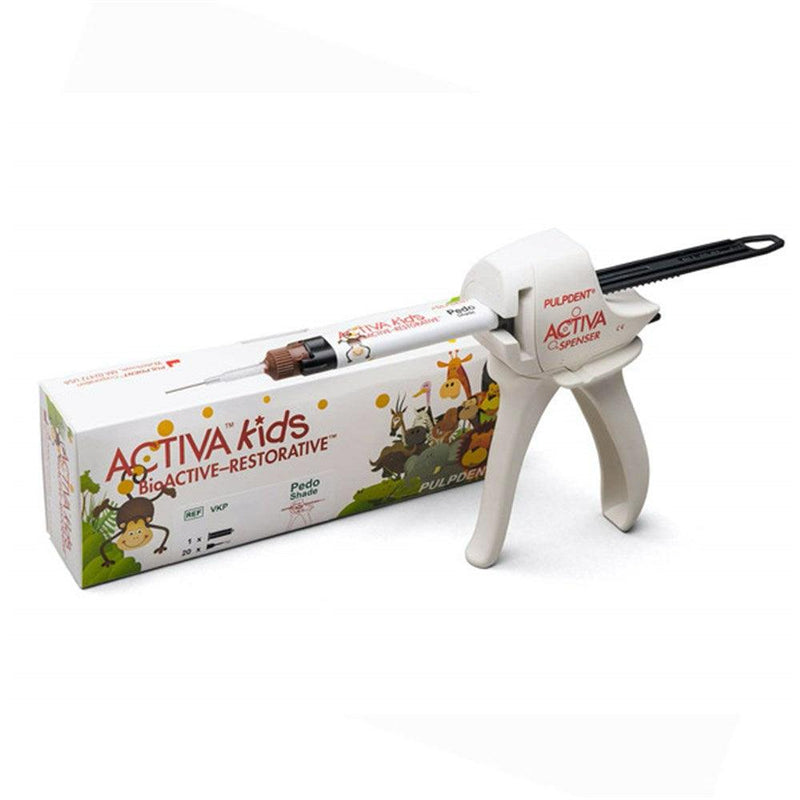 Pulpdent ACTIVA KIDS BioActive Restorative dental material in a container, designed for pediatric dental restorations.