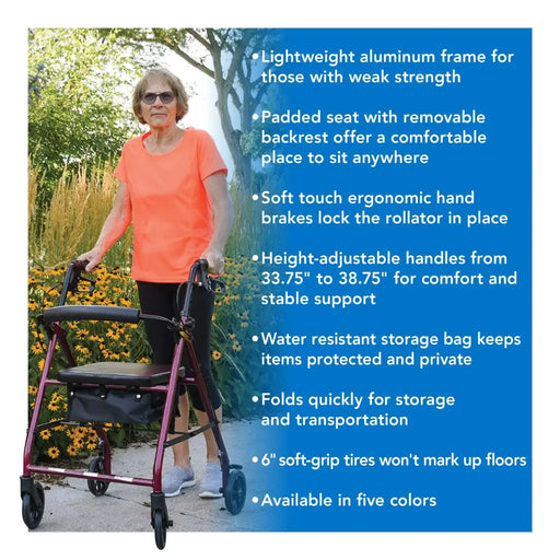 Drive Medical Pro Basics Aluminum Rollator with 6-inch Wheels, Burgundy — RLA6BG