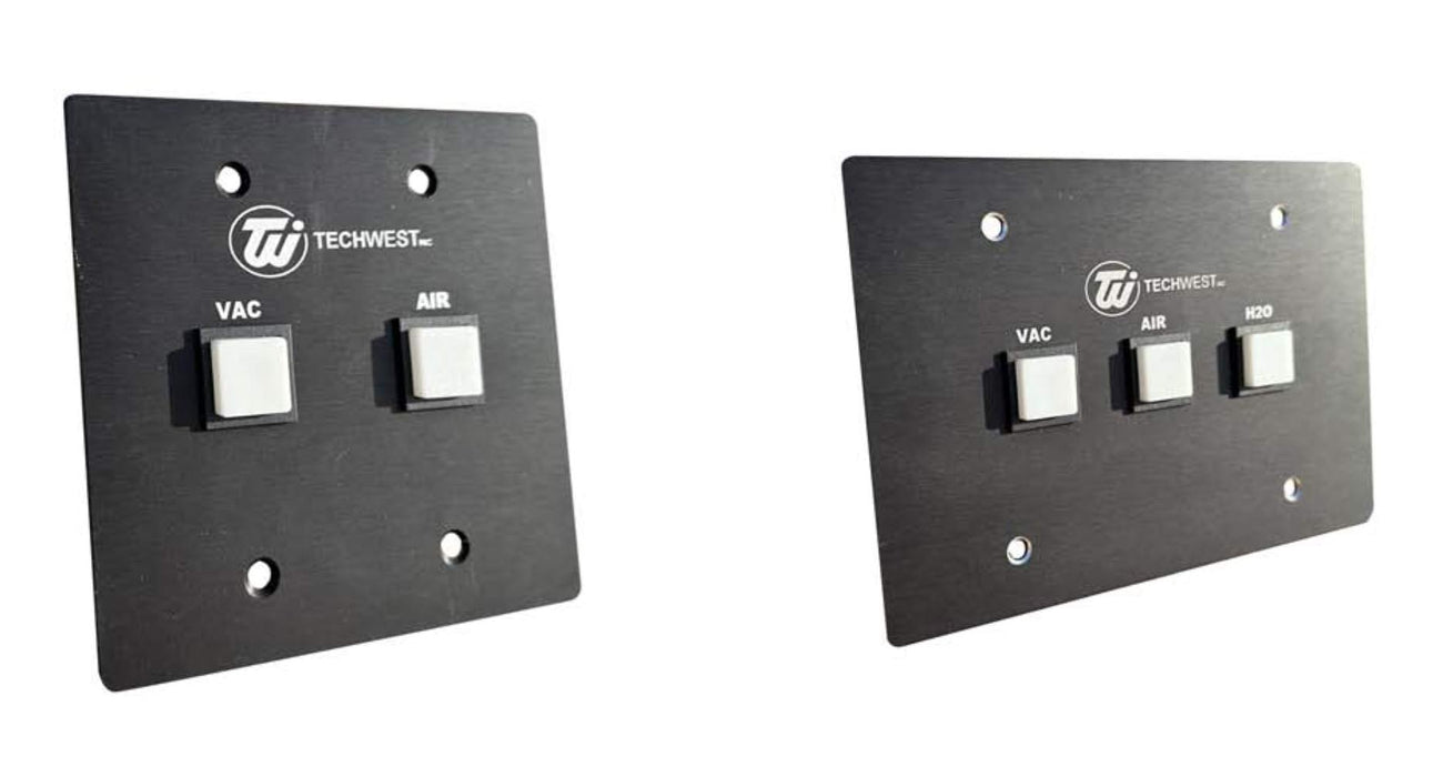 Tech West manufacturer product family image: Dental remote control panels with VAC AIR and water configurations for dental utility room equipment in the USA and Canada