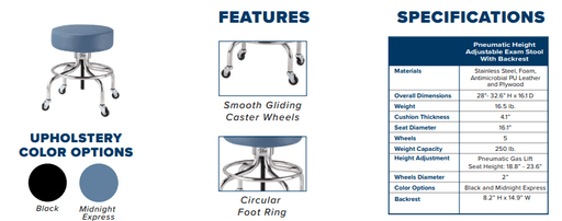 Viva Comford Height Adjustable Exam Stool with Circular Foot Ring 910-02-BLK - DENTAMED USA