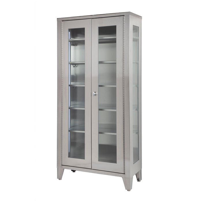 UMF Medical Cabinet Display, Stainless Steel, Five (5) Adjustable Stainless Steel Shelves, Two (2) Glass Hinged Doors, 36W x 77"H x 16"D (Drop Ship Only)"