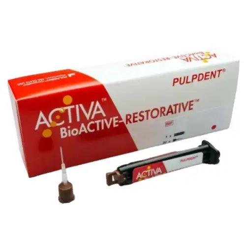 ACTIVA BioACTIVE Restorative dental material by Pulpdent shown in a close-up image, featuring its packaging and product details.