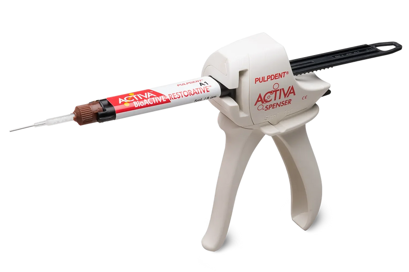 Pulpdent ACTIVA BioACTIVE Restorative dental material in a container, designed for tooth restoration with bioactive properties.