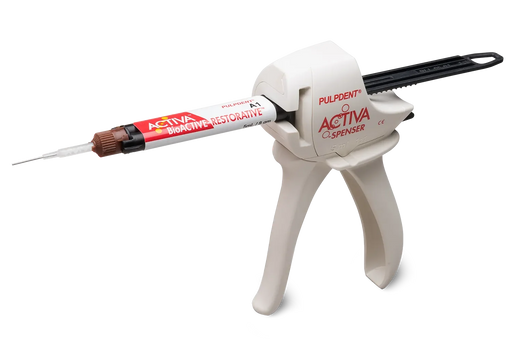 Pulpdent ACTIVA BioACTIVE Restorative dental material in a container, designed for tooth restoration with bioactive properties.