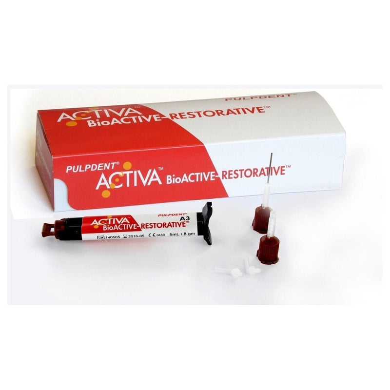 ACTIVA BioACTIVE Restorative dental material by Pulpdent, shown in refill pack with colorful packaging and product details.