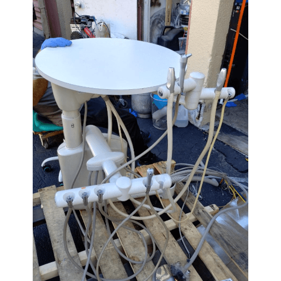 Used Adec 225621 dental rear cabinet and assistant package, 12 o'clock Adec dental cabinet by DENTAMED USA, with dental equipment.