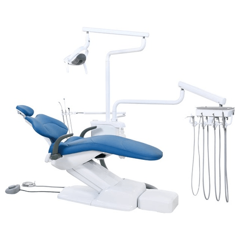 Dental chair package from DENTAMED USA with doctor and assistant stools, sterilizer, compressor, and vacuum system.