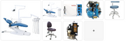 Dental Chair Package #2 by DENTAMED USA with dentist and assistant stools, sterilizer, compressor, and vacuum system in the image.