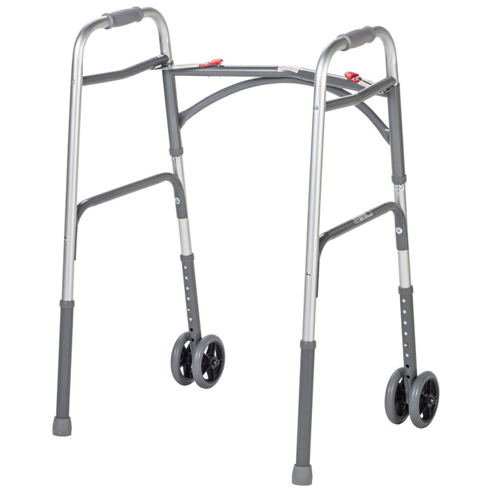 Drive Medical Bariatric Aluminum Two Button Folding Walker with Wheels — 10220-1WW