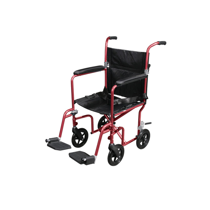Drive Medical Deluxe Fly-Weight Transport Chair, Removable Casters - 19 inch - Red