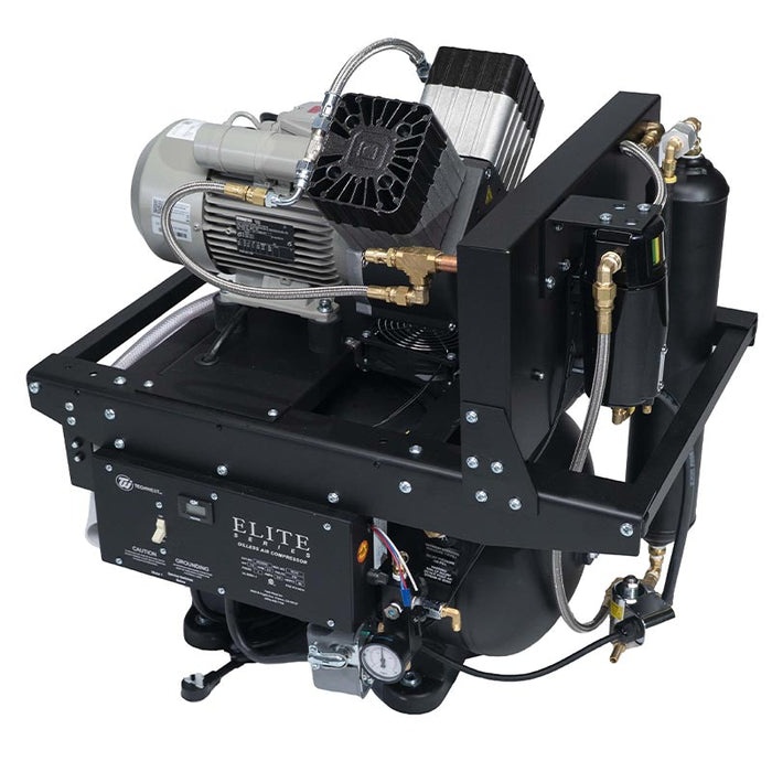 Tech West manufacturer product family image: Elite Series oil-free dental air compressor close-up of motor and compressor head in the USA and Canada