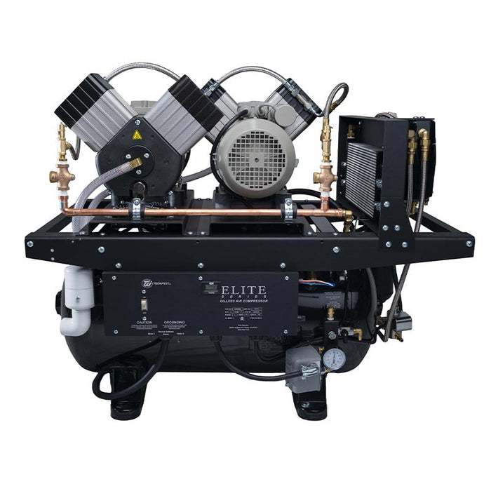 Tech West manufacturer product family image: Elite Series oilless dental air compressor front view with dual heads and control panel in the USA and Canada
