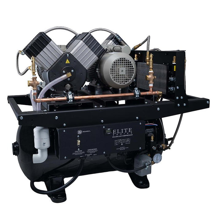 Tech West manufacturer product family image: Elite Series oilless dental air compressor dual head top view with tank and control panel
