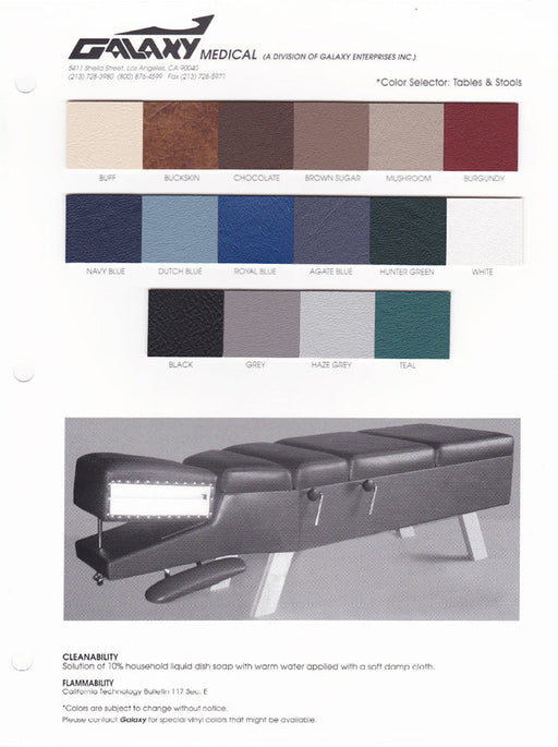 Galaxy Medical standard upholstery chart