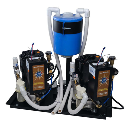 Tech West manufacturer product family image: Dual GoldenVac wet dental vacuum systems with separator tank and plumbing connections