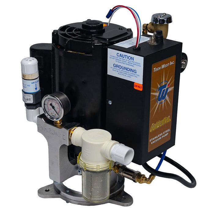 Tech West manufacturer product family image: GoldenVac wet dental vacuum pump with pressure gauge and filter assembly in the USA and Canada