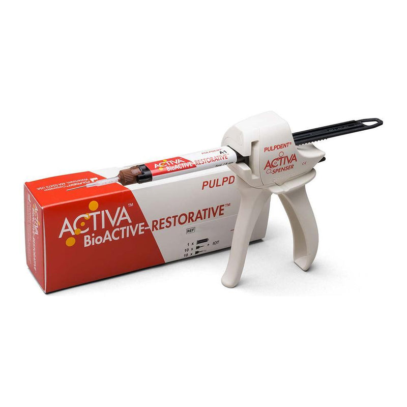 Pulpdent ACTIVA BioACTIVE Restorative dental kit with composite material and application tools, designed for restorative dental procedures.