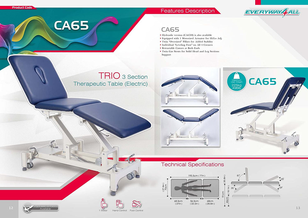 Everyway4all CA65 "TRIO" 3 Section Therapeutic Table / Couch (1 Motor) with 4-side Elevating Bars